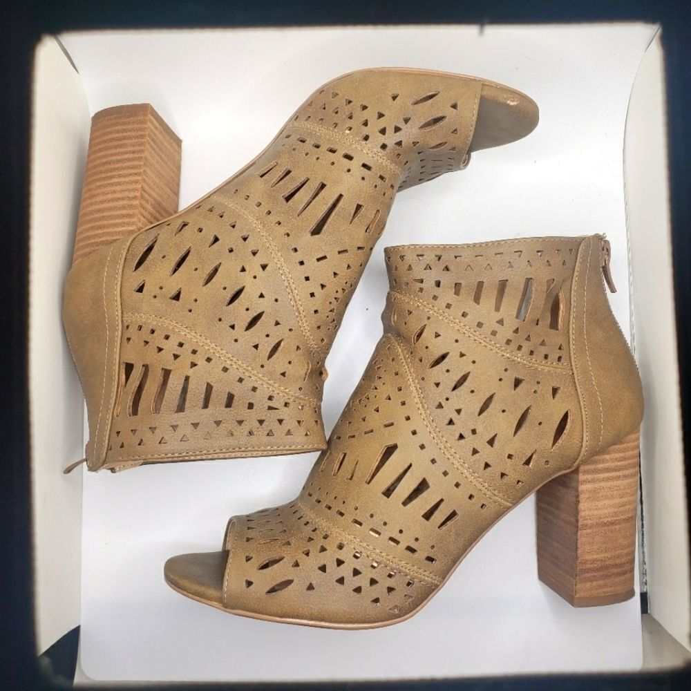 restricted peep toe boho brown block heels